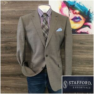 Stafford‎ Mens Sport Coat Blazer Two Button Jacket Wool Size 44L Casual Suits